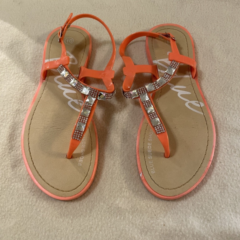 Orange Coral Slingback Rhinestone Strap Beach Thong Sandals Women's Size 10